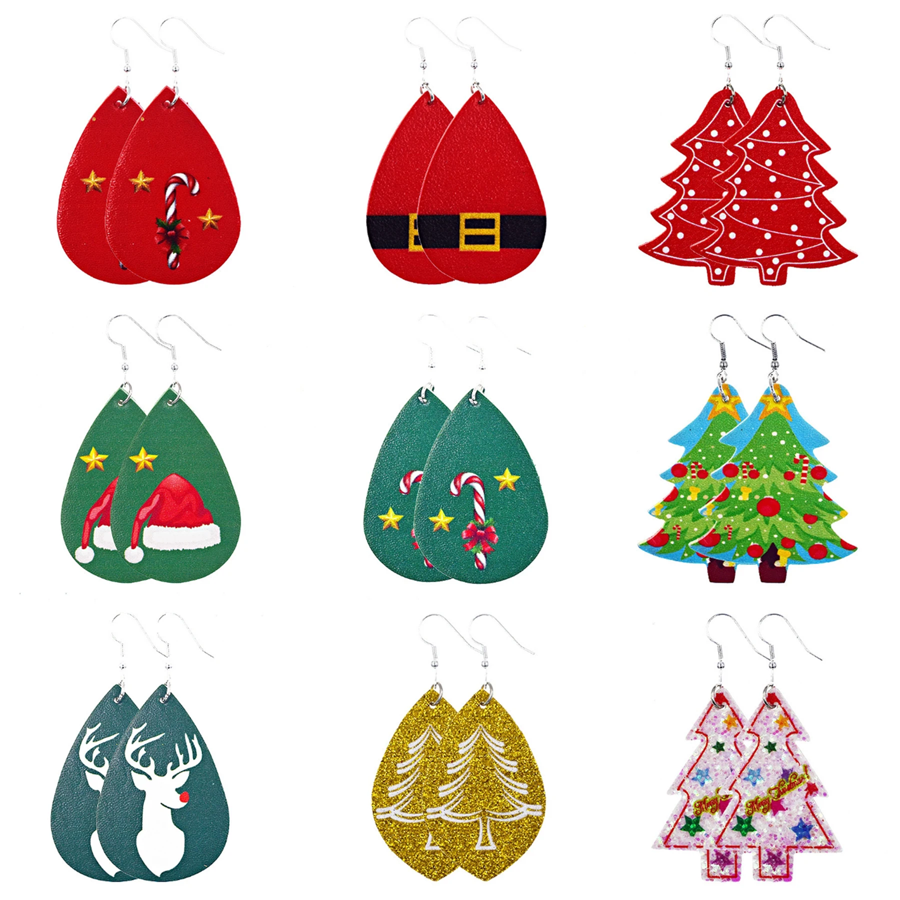 BONISKISS 9pairs New 2020 Christmas Tree Glitter PU Leather Earrings for Women Elk Christmas Tree Star Stud Earring Wholesale