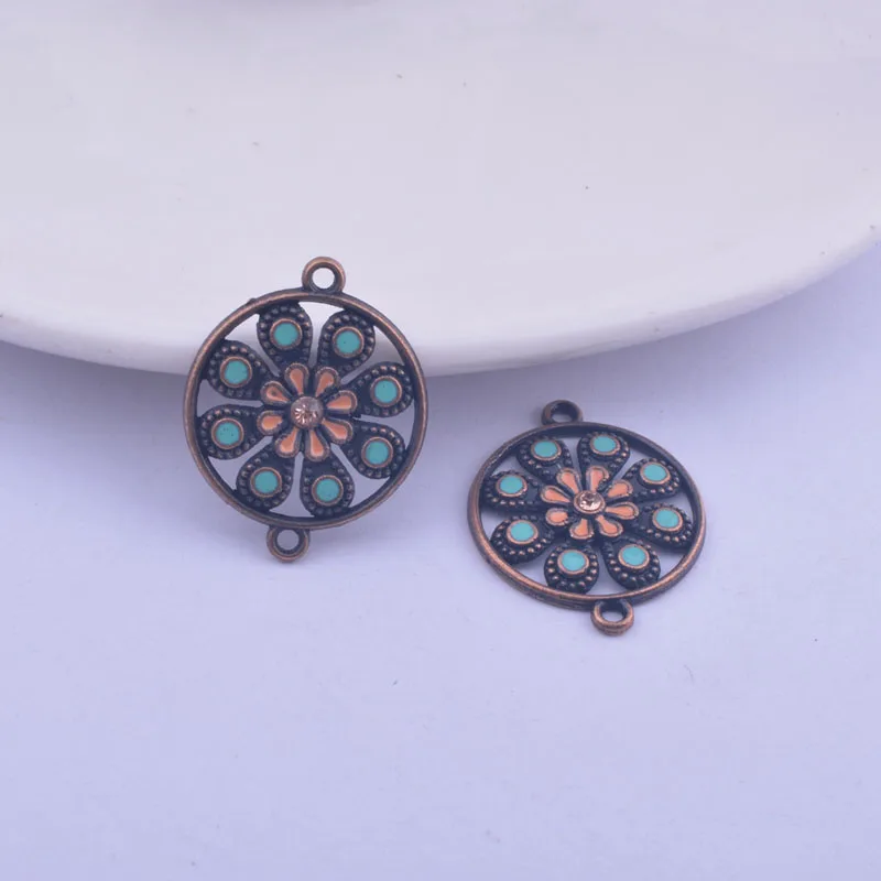 12pcs Antique Copper Color Round Enamel Flower Earrings Connector Earrings Pendant Base Connector DIY  Jewelry Findings