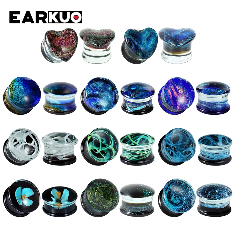 EARKUO Promotion Selling Heart Flower Milky Way Glass Ear Gauges Stretchers Piercing Body Jewelry Ear Plugs Tunnels 2PCS 6-25mm