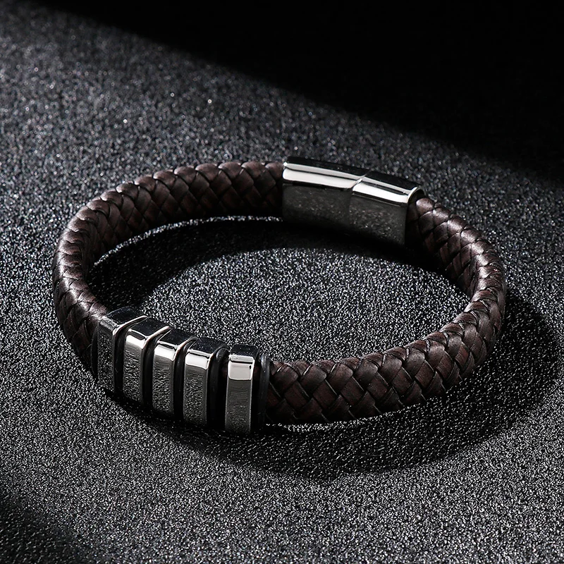 

HaoYi Cowhide Braided Rope Chain Bracelet For Men Smooth Stainless Steel Fashion Luxury Leather Jewelry