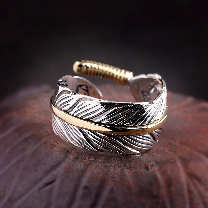 Uglyless Neutral Designer Curved Leaf Feather Open Rings for Women Men Cool Wide Rings Solid Real 925 Silver Fine Jewelry R1041
