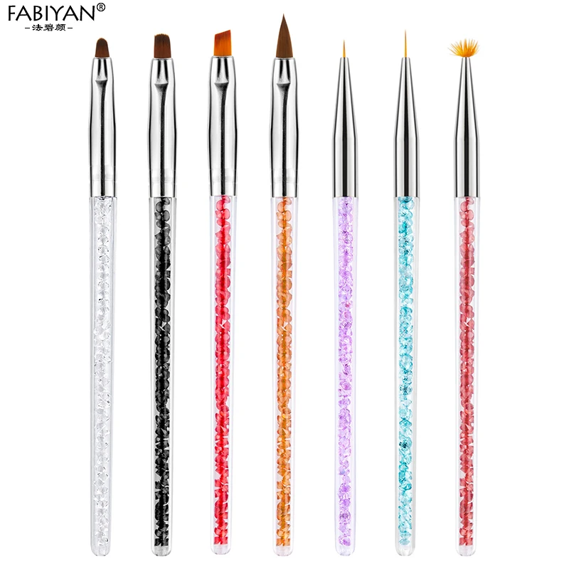 7 Styles Rhinestone Acrylic Handle Brushes Nail Art Line Flower Painting Coating Shaping Round Flat Fan Angle Pen Manicure Tool