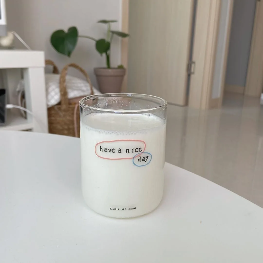 

Korean Version of Ins Glass Water Cup, Cute Cartoon Printing Glass Cup, Have a Nice Day, Restaurant Home Juice Milk Coffee Cup