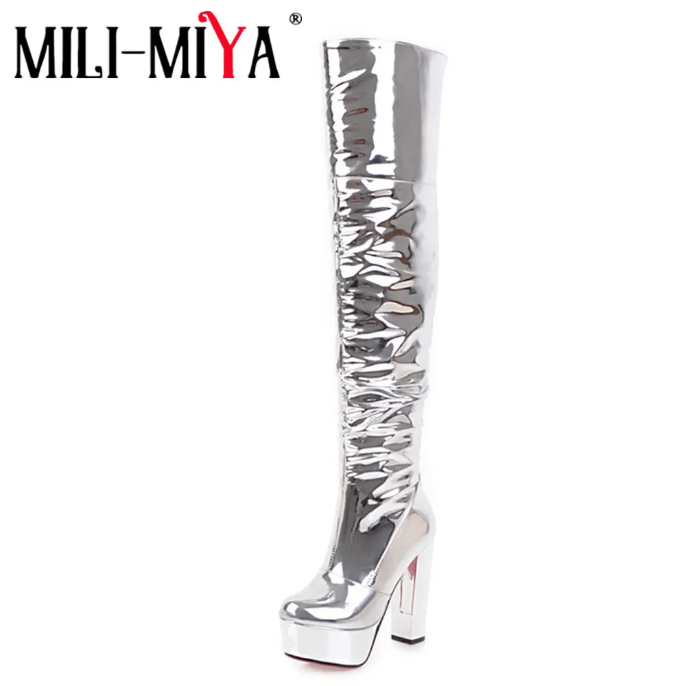 MILI-MIYA Sexy Women Silver Mirror Thigh High Boots Platform Hoof Heels Fashion Club Party Over The Knee Long Shoes For Ladies