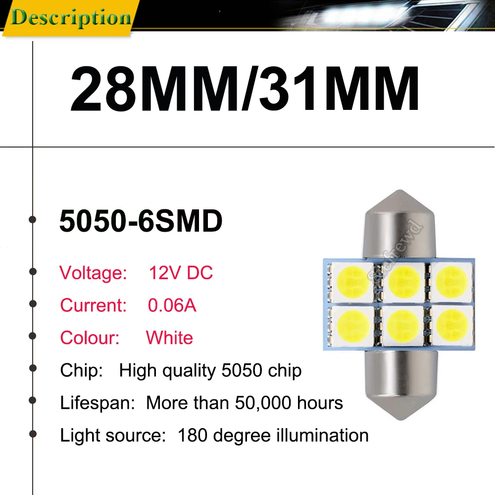 4Pcs 28mm T6 31mm 4 SMD 5050 LED Lamp Bulb For Auto Interior Sun Visor Vanity Mirror Fuse Light Pure White DC12V Car Styling