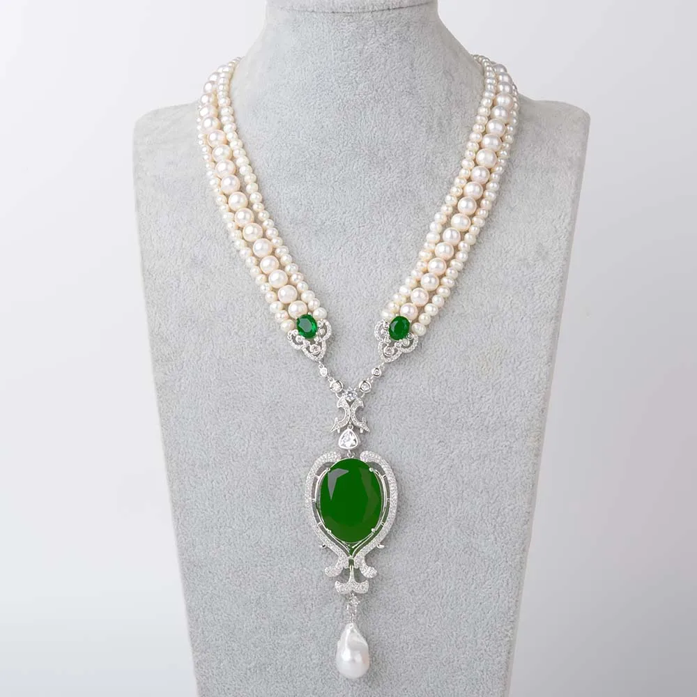 

19'' 3 Strands Cultured White Pearl Green Crystal Necklace White Keshi Pearl Cz Pendant