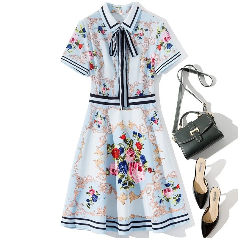 Runway France Women Elegant Floral Printed Dress Bow Short Sleeve Summer Dress Top Quality Brand Designer Ladies Party Dresses