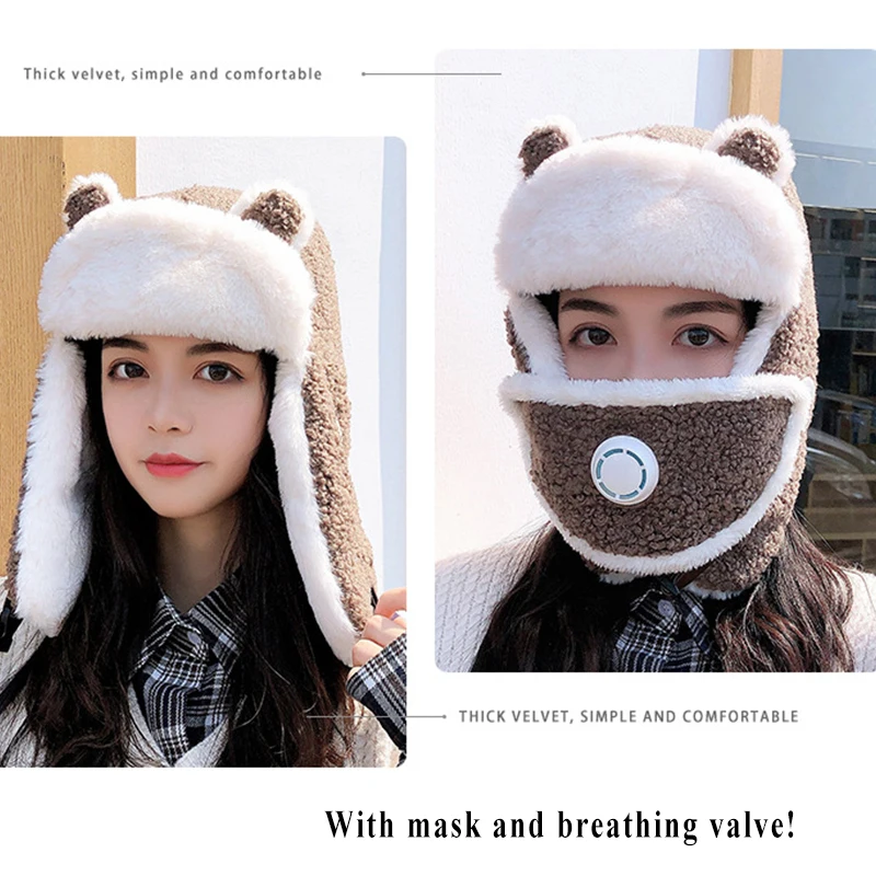 W01 Hat Women\'s Winter Thicken Winter Hat Lei Feng Cap Ushanka Hat Cartoon Ears New 2021 Fashion Cold Cap Face Mask Pilot Cap