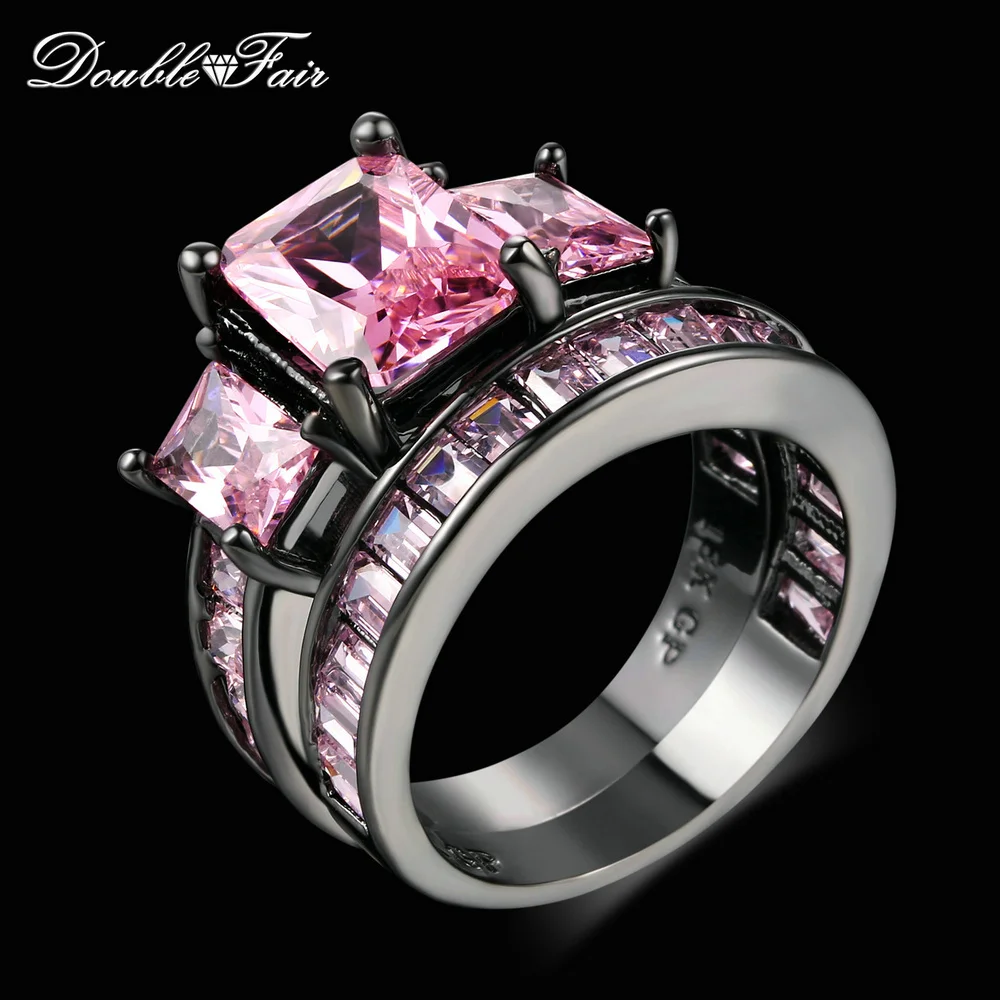 Double Fair Luxury Square Cut Black Gold Color Pink Crystal Finger Ring Sets Fashion Brand Punk Style Jewelry For Women DFDD002