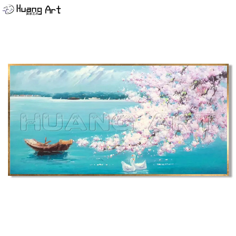 Hand-painted High Quality Pink Plum Blossom Tree Landscape Oil Painting on Canvas Handmade Blue Lake Landscape Wall Painting