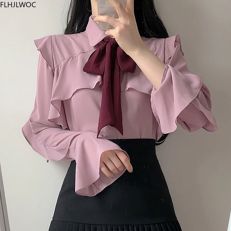 Falowana kokarda wiązana bluzka jesienna, w stylu Basic Office Lady odzież do pracy Flare Sleeve śliczne kobiety pojedyncze jednorzędowe guziki solidny biały koszule bluzki