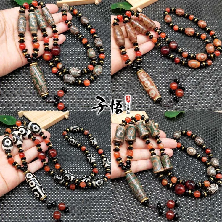 

Factory direct supply Tibet Pan-green antique old agate black and white nine-eyed Dzi Beads necklace sweater chain pendant