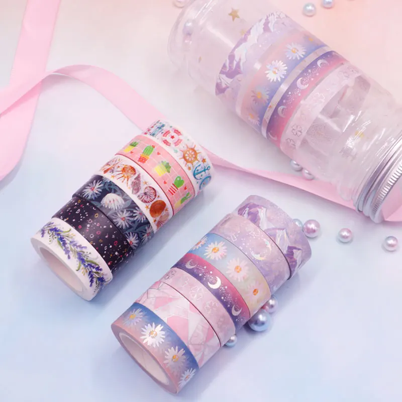 Decorative Daisy Starry Moon Purple mountains Silver Foil Washi Tape Set for Photo Album Adhesive Masking Tape Kawaii Papeleria