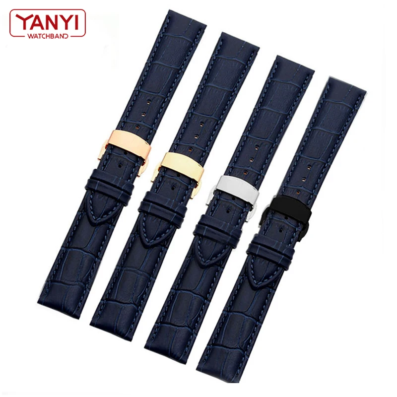 Genuine leather bracelet dark blue color watch strap Butterfly Clasp watchband sized in 16mm 18mm 20mm 21 22mm 23mm watch band