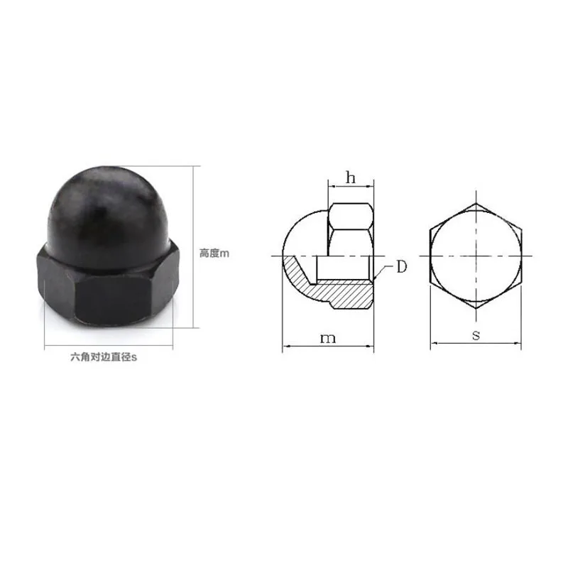 Acorn NUT M3 M4 M5 M6 M8 M10 M12 สีดำไนล่อนพลาสติก CAP NUTS ตกแต่ง Acorn NUT NL09 DIN1587 roHS คุณภาพสูง