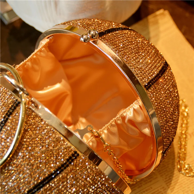 3D Diamond Basketball Round Ball Gold Pink Clutch Purses For Women Evening Rhinestone Handbags Ladies Party Dinner Totes Bag