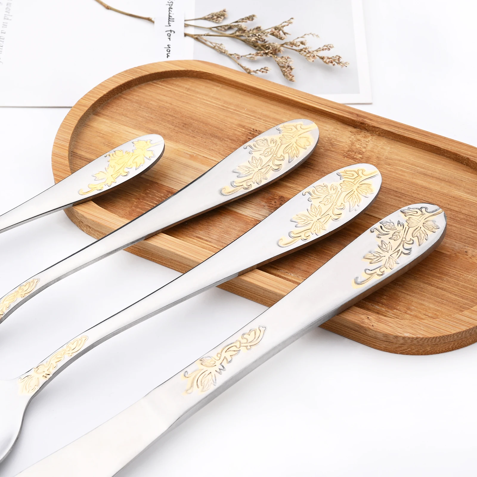 6/24Piece Gold Flower 304 Stainless Steel Luxury Cutlery Set Silverware Set Dinnerware Set Knife Spoons Fork Wedding Tableware