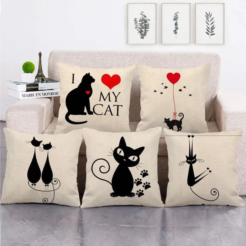 

Cartoon Cat Printing Sofa Throw Pillows Cushion Cover Linen Pillowcase 45X45CM White Decorative Pillow Outside Pillow Covers