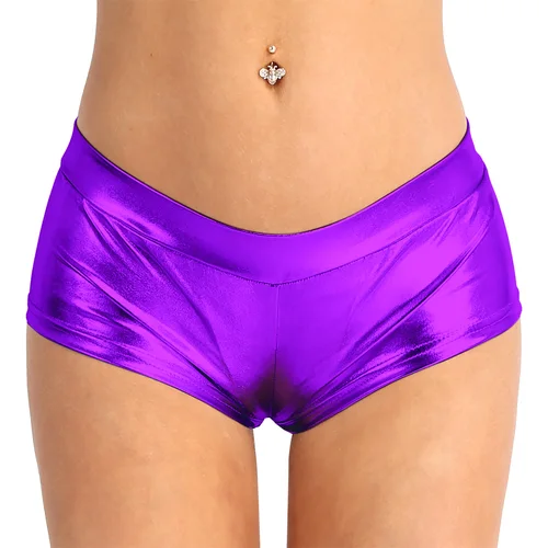 Imagen 2 del producto Pantalones cortos de piel sintética brillante para mujer, pantalones cortos de cintura baja, pantalones de baile en barra para mujer, fiesta Rave, festivales, disfraces de Club de Carnaval