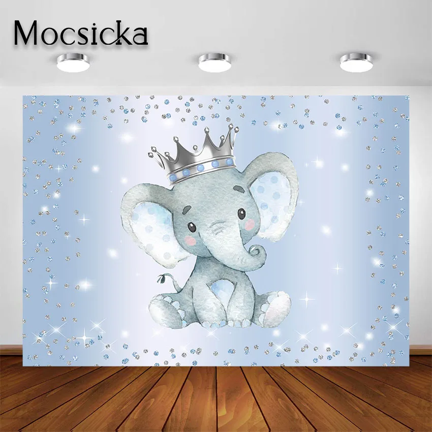 Mocsicka Boy Elephant Backdrop Elephant Prince Baby Shower Party Decorations Glitter Blue Elephant Boy Birthday Photo Background