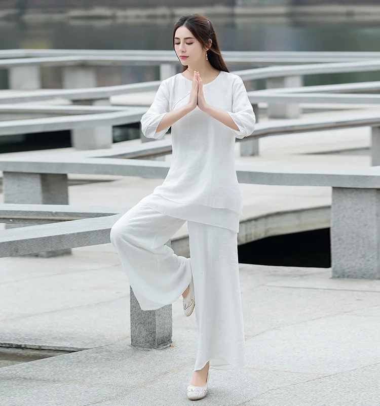 Terno feminino solto de duas peças de algodão e linho, roupa nova de meditação estilo étnico, roupa tradicional feminina