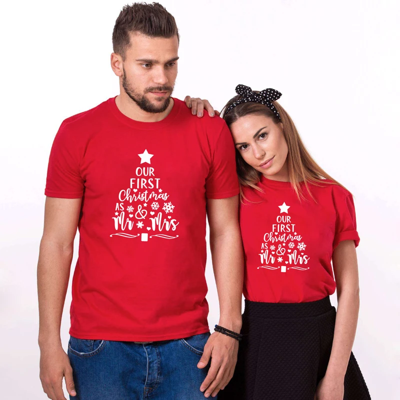 Our First Christmas As Mr & Mrs T-shirt Funny Husband And Wife Newlywed Gift Tshirt Men Women Graphic Matching Couples Tees Tops