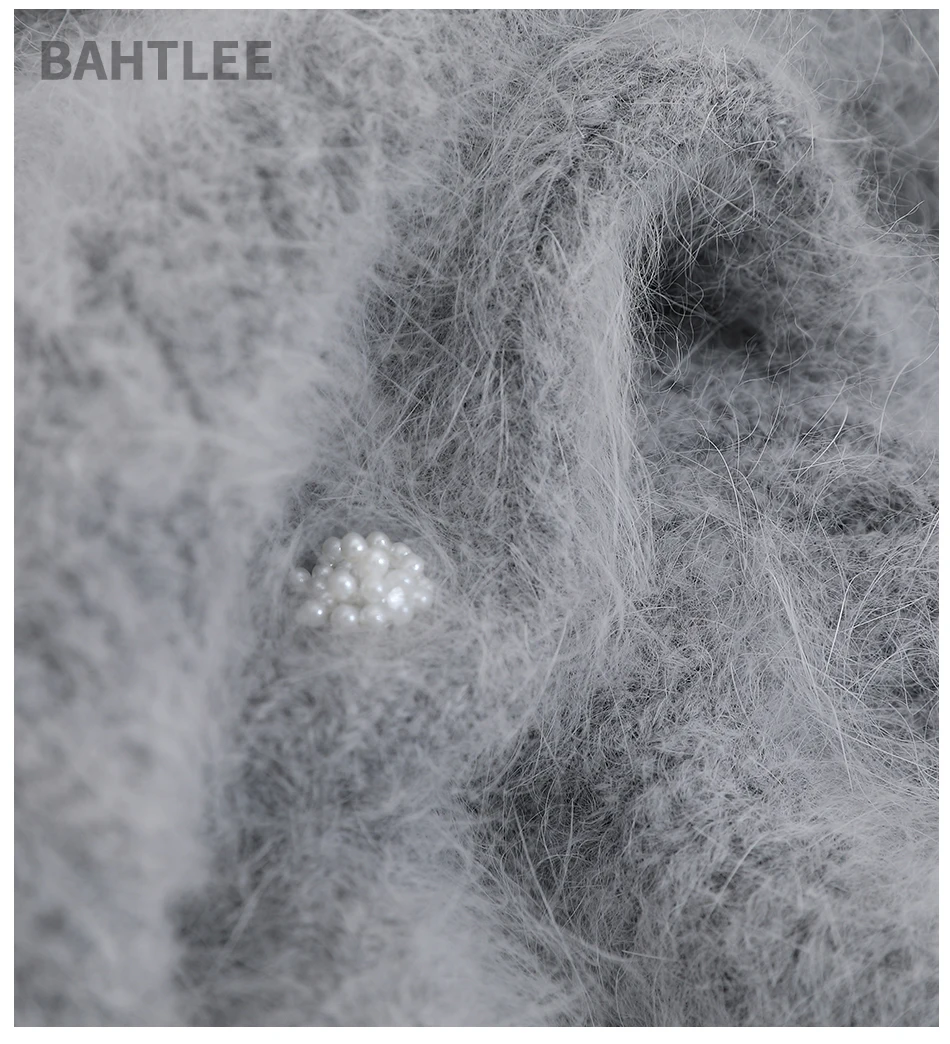 Bahtlee-คาร์ดิแกนขนสัตว์สั้นของผู้หญิง Angora, เสื้อถัก, แขนยาว, คอกลม, หัวเข็มขัดมุก, ฤดูใบไม้ร่วง, ฤดูหนาว