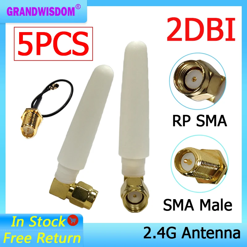 

GRANDWISDOM 5pcs 2.4G antenna 2dbi sma female wlan wifi 2.4ghz antene IPX ipex 1 SMA male pigtail Extension Cable module antena