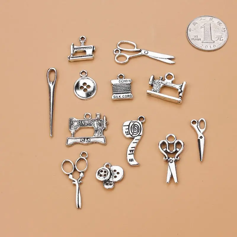 

12Pcs Sewing Charms Collection Antique Silver Scissors Pendant Jewelry Findings