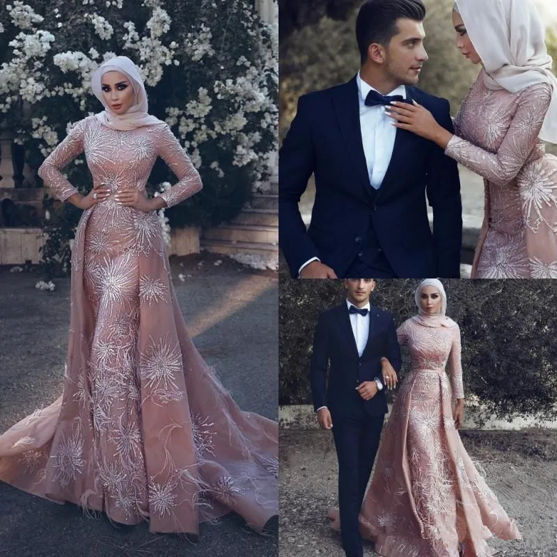 Robe de mariée musulmane rose Blush à manches longues, vêtement de luxe modeste avec perles en cristal, col haut, jupe de mariage, 2020