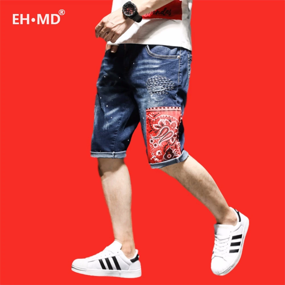 EH·MD® Denim Shorts Men's Painted Pendant Decorate Broken Micro Chapter Embroidery Five-Point Pants Pure Cotton Slim Breathable