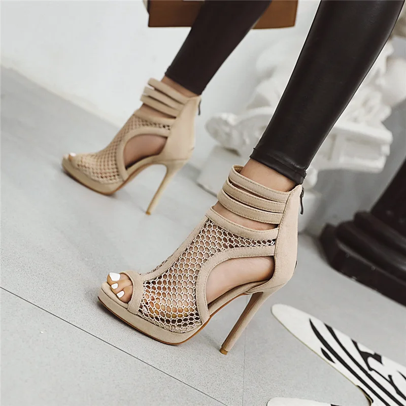 Peep Toe Mesh Sandals Women Sexy Summer Shoes Breathable Cool Party Dance Shoes High Heel Ankle Boots For Women Large Size 45