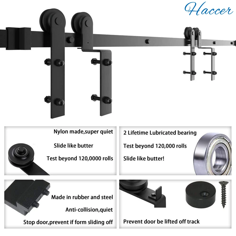 Haccer I-Shaped Bent Sliding Barn Door Hardware 4-16FT Black Track Roller System for Kitchen Door Intreior Door