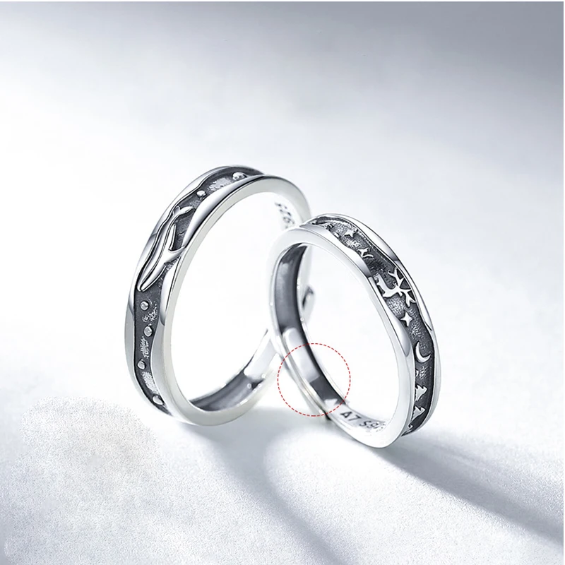 Vintage Creative Couple Rings for Lovers Statement Silver Color Engraving Whale Elk Star Moon Open Engagement Wedding Band Gift