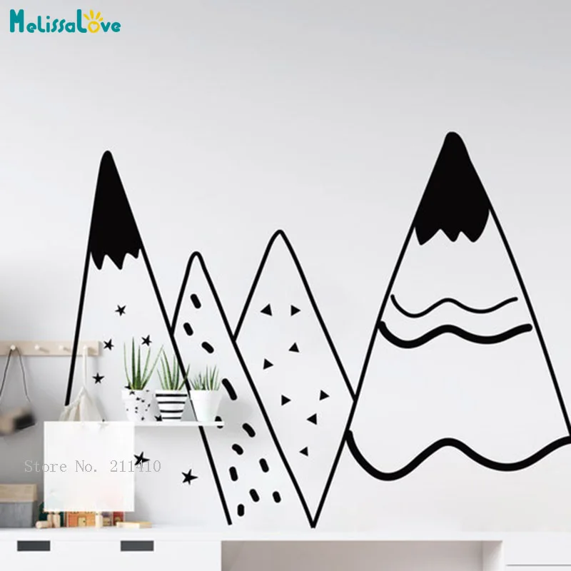 Simple Line Moutain Nursery Wall Decals Baby Room Mountain Scandinavian Hand Drawn Mountains with Geometric Patterns YT6453