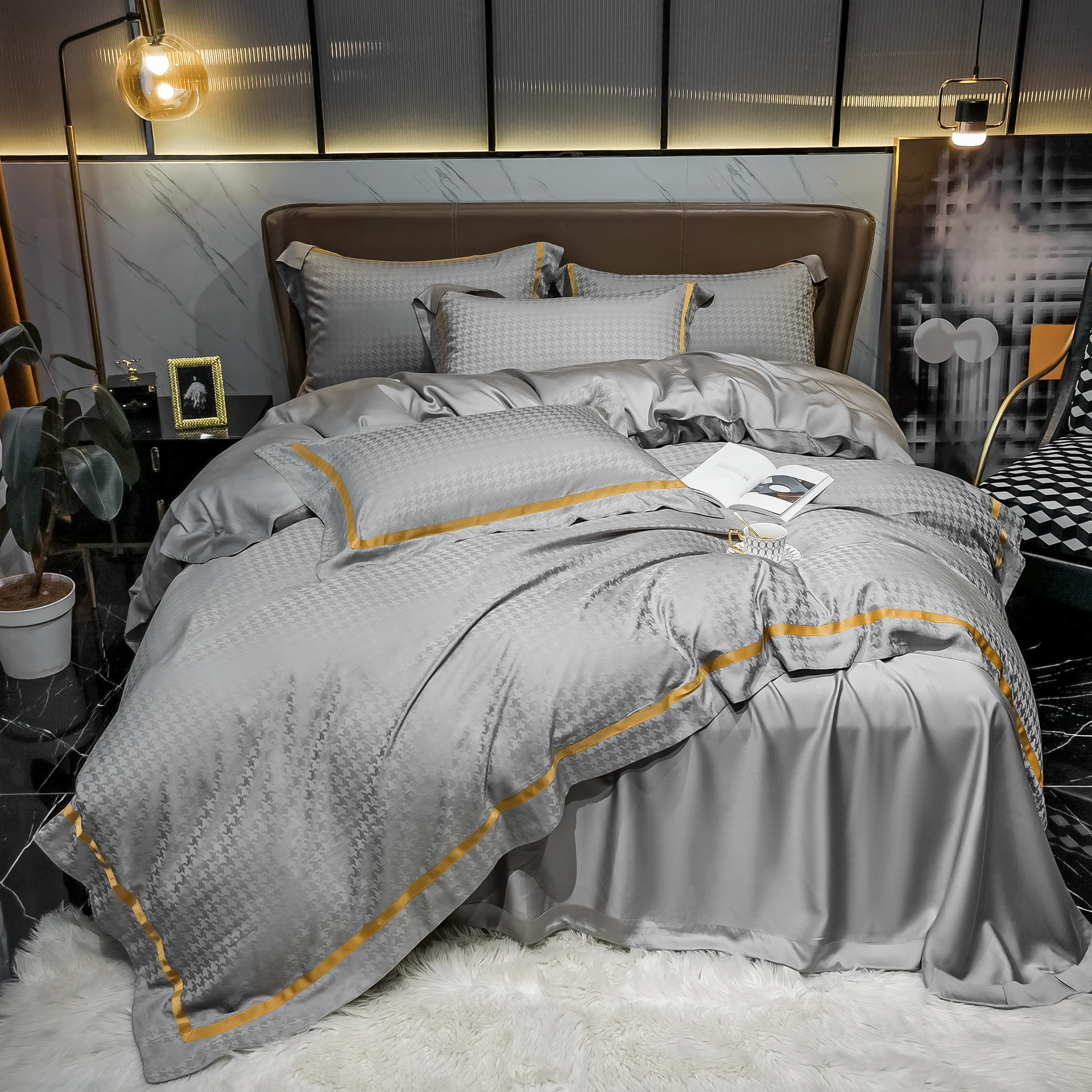 

2021 Four-piece bedding simple cotton double household bed sheet quilt cover embroidered twill comfortable bedding gray color
