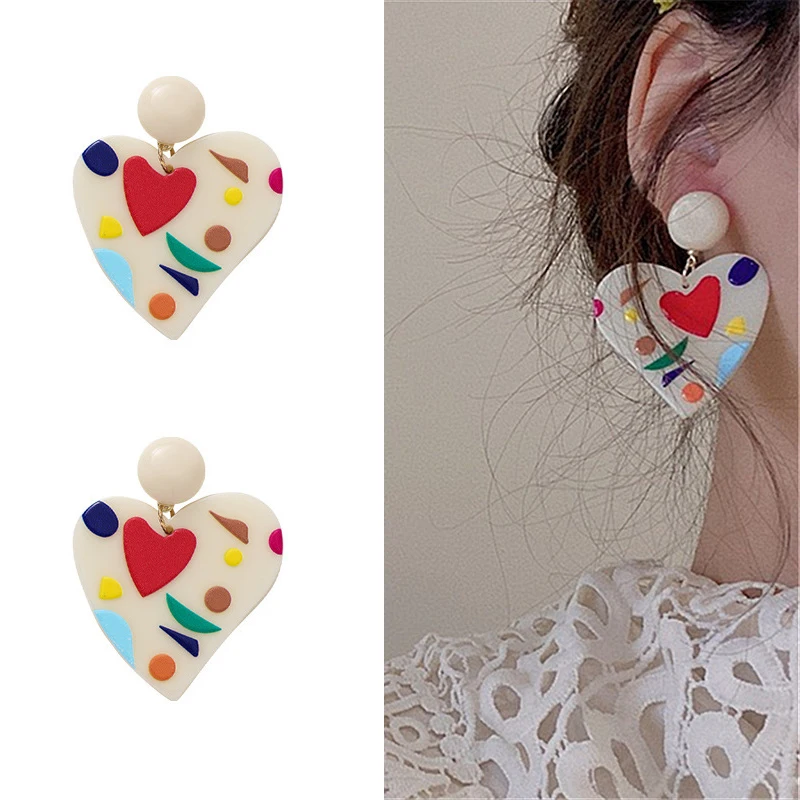 Korean Acrylic Big Heart Dangle Drop Earrings for Women Girls Cute Sweet Colorful Students Party Wedding Fashion Jewelry Gifts