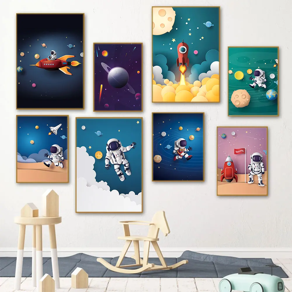 

Astronaut Cute Poster Space Planet Rocket Nursery Art Print Minimalist Canvas Painting Modern Wall Picture Kids Room Home Decor