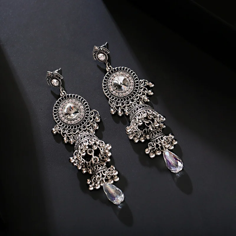 2022 Women's Vintage Ethnic Silver Color Indian Jhumka Bell Tassel Earrings Retro Gypsy Drop Earrings Brincos Jewelry