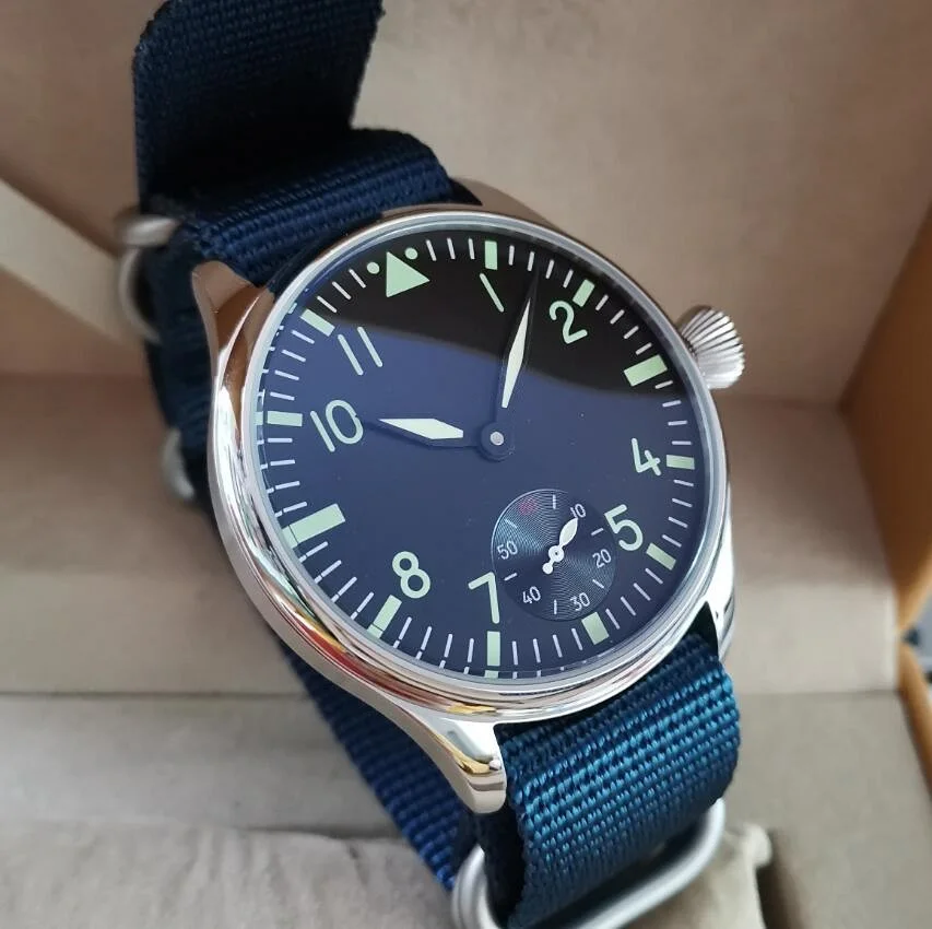 No logo Pilot manual mechanical men\'s Watch 44mm Black dial green number Blue nylon strap Seagull ST3621 movement