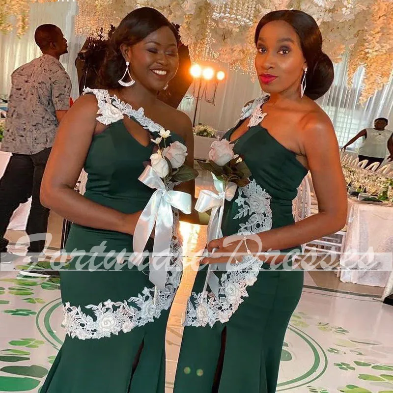 Vestidos africanos elegantes de encaje verde, vestidos largos de dama de honor con corte frontal blanco, corsé trasero de talla grande, negros