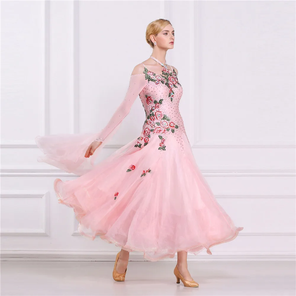 B-16177 New arrival custom made ballroom dance dress modern smooth long dance dress with champagne color for competition