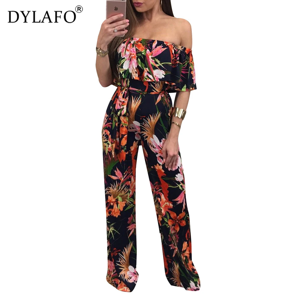 Hot Sale Bohemian Palm Print Lace Up Jumpsuits&Rompers Off Shoulder Plus Size Women Jumpsuit Summer Beach Sexy Jumpsuit Overalls