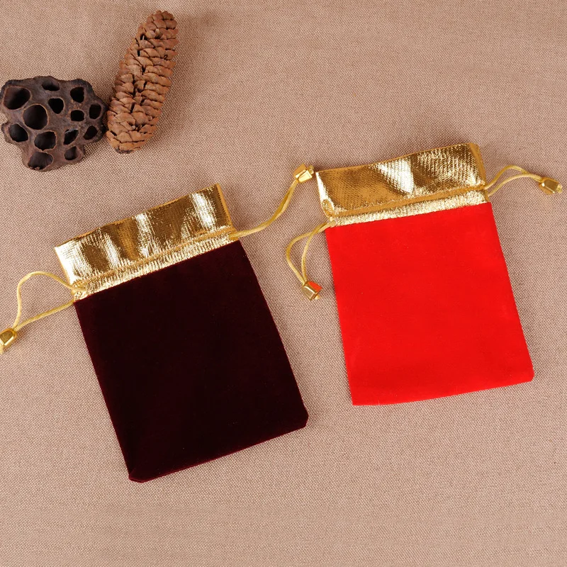 100pcs/lot 7*9cm Gold Opening Christmas Bell Drawstring Velvet Pouches For Jewelry Gift Bags Pearls Beads Storage Packaging Bag