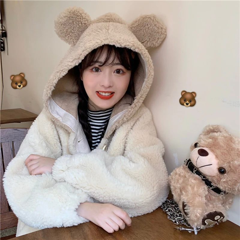 

Soft girl loose cute bear ears hooded furry sweater lamb plush coat female winter 2019 new