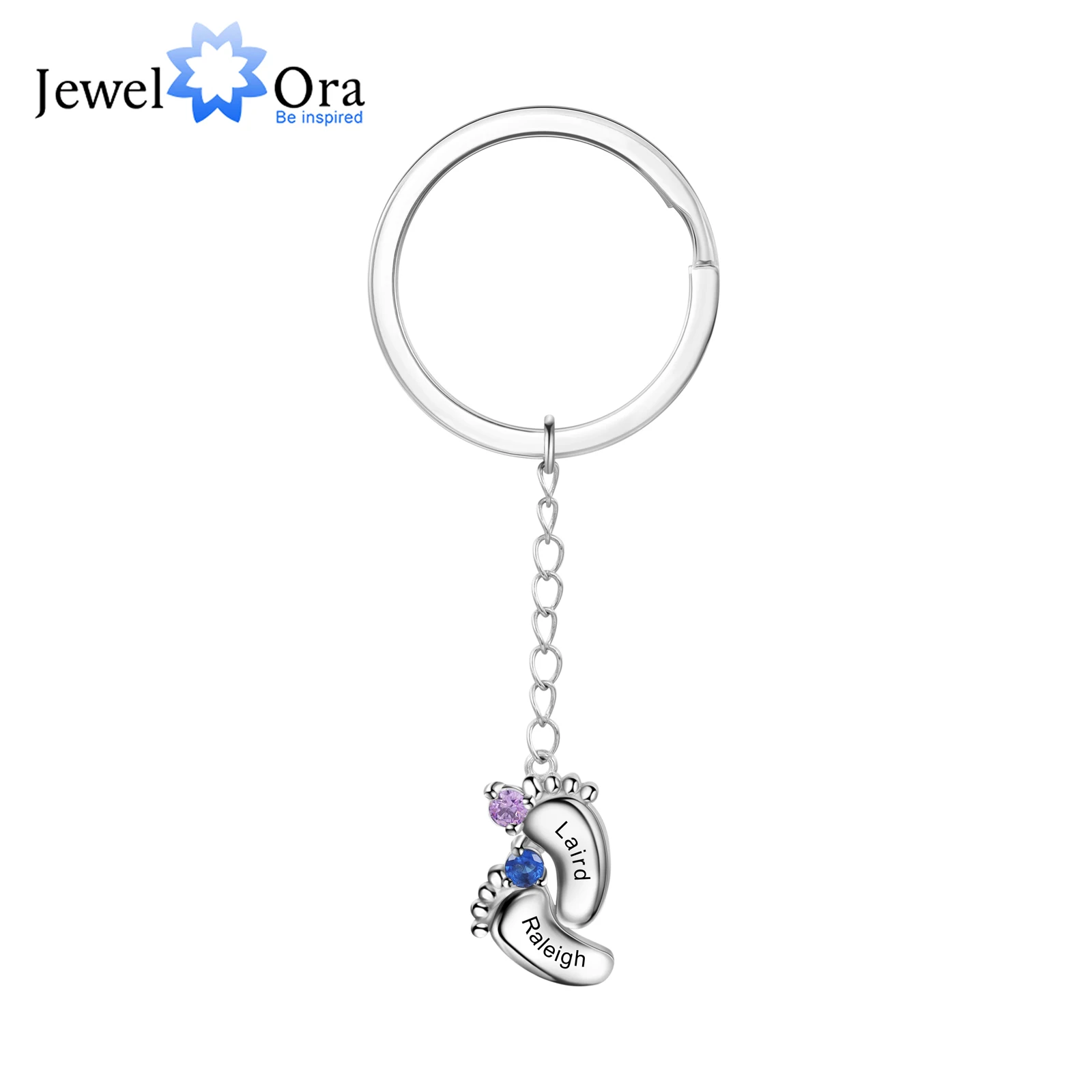 

JewelOra Personalized 1-6 Names Birthstone Engraved Keychains Baby Foot Shaped Custom Keyring for Mothers Gifts