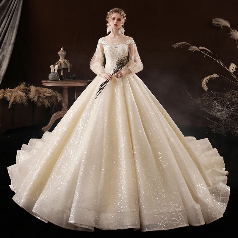 Robe de mariée à fleurs en Tulle, col rond, imprimé Floral brodé, manches bouffantes, Simple, élégante, à lacets, longues, pour femmes, B035, nouvelle collection