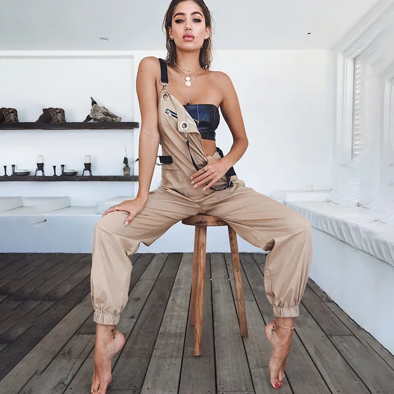 Vangull New Khaki Rompers Womens Jumpsuit Long Elegant Zipper Pockets Sleeveless Adjusted Strap High Waist Cotton Fashion Summer