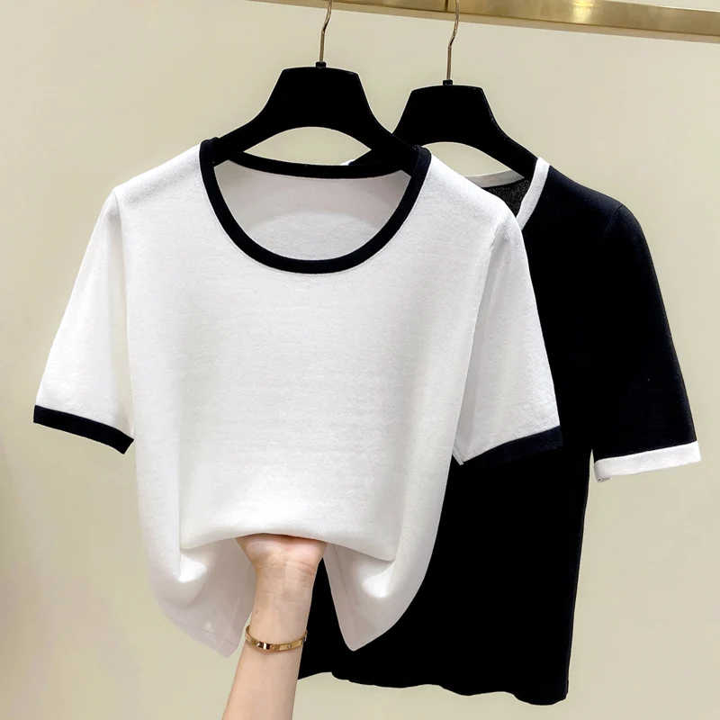 Loose Tops Women Summer Solid Casual O Neck Short Sleeve Female Pullover Knitwear Elegant Chic Sweet Basic Girls Sweater Tees