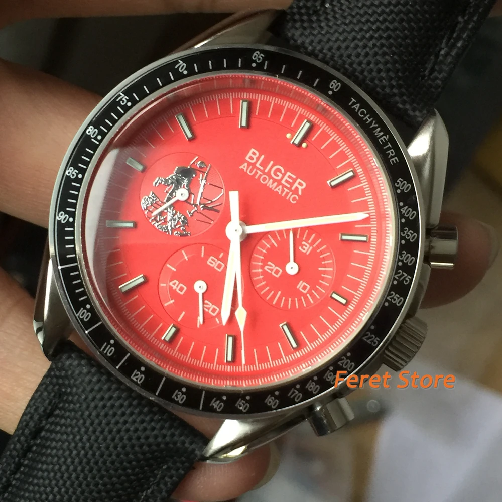 

40mm BLIGER Red Self Winding Men Luminous Watch Date Function Red Dial Leather Band Automatic Movement Watch